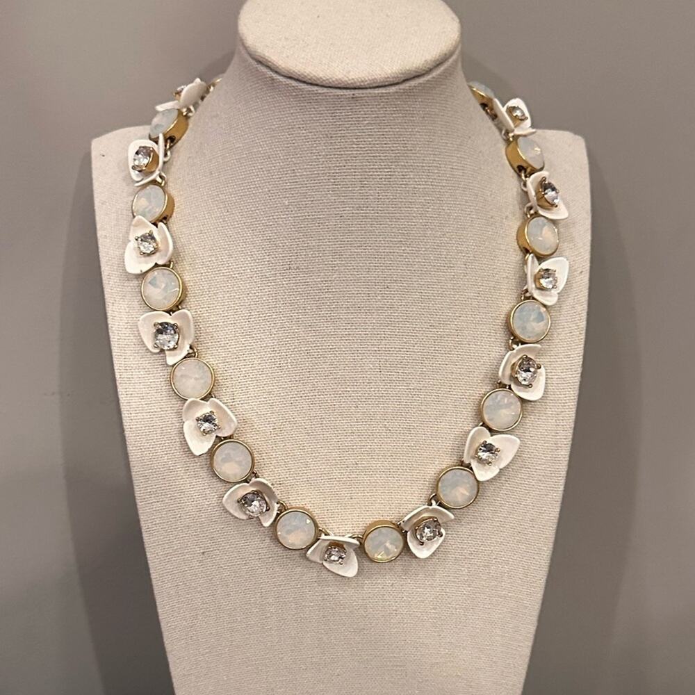 J Crew Gold White Flower Brulee Necklace Floral Statement Summer Enamel Jewelry